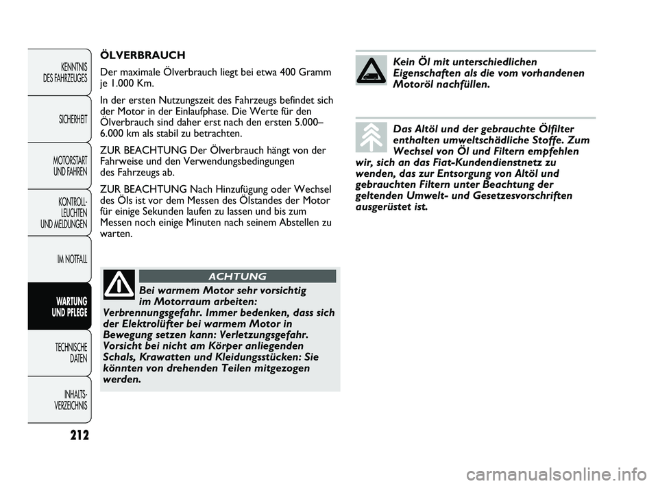 FIAT DUCATO 2013 Betriebsanleitung (in German) 212
KENNTNIS
DES FAHRZEUGES
SICHERHEIT
MOTORSTART
UND FAHREN
KONTROLL-
LEUCHTEN
UND MELDUNGEN
IM NOTFALL
WARTUNG
UND PFLEGE
TECHNISCHE
DATEN
INHALTS -
VERZEICHNIS
ÖLVERBRAUCH
Der maximale Ölver FIAT DUCATO 2013 Betriebsanleitung (in German) 212
KENNTNIS
DES FAHRZEUGES
SICHERHEIT
MOTORSTART
UND FAHREN
KONTROLL-
LEUCHTEN
UND MELDUNGEN
IM NOTFALL
WARTUNG
UND PFLEGE
TECHNISCHE
DATEN
INHALTS -
VERZEICHNIS
ÖLVERBRAUCH
Der maximale Ölver