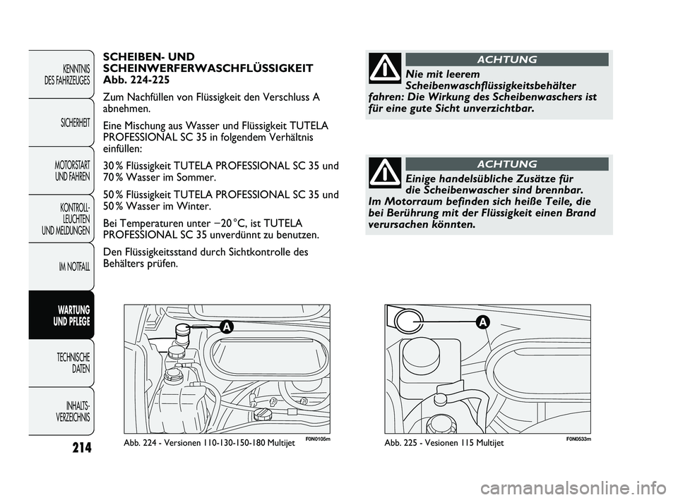 FIAT DUCATO 2013 Betriebsanleitung (in German) 214
KENNTNIS
DES FAHRZEUGES
SICHERHEIT
MOTORSTART
UND FAHREN
KONTROLL-
LEUCHTEN
UND MELDUNGEN
IM NOTFALL
WARTUNG
UND PFLEGE
TECHNISCHE
DATEN
INHALTS -
VERZEICHNIS
F0N0105mAbb. 224 - Versionen 110 FIAT DUCATO 2013 Betriebsanleitung (in German) 214
KENNTNIS
DES FAHRZEUGES
SICHERHEIT
MOTORSTART
UND FAHREN
KONTROLL-
LEUCHTEN
UND MELDUNGEN
IM NOTFALL
WARTUNG
UND PFLEGE
TECHNISCHE
DATEN
INHALTS -
VERZEICHNIS
F0N0105mAbb. 224 - Versionen 110