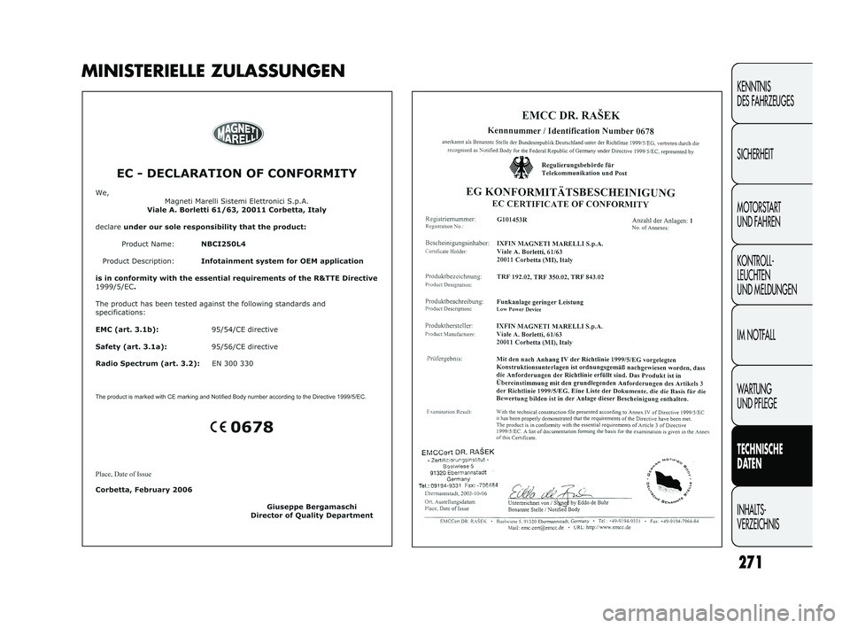 FIAT DUCATO 2013 Betriebsanleitung (in German) 271
KENNTNIS
DES FAHRZEUGES
SICHERHEIT
MOTORSTART
UND FAHREN
KONTROLL-
LEUCHTEN
UND MELDUNGEN
IM NOTFALL
WARTUNG
UND PFLEGE
TECHNISCHE
DATEN
INHALTS-
VERZEICHNIS
MINISTERIELLE ZULASSUNGEN
227-274 FIAT DUCATO 2013 Betriebsanleitung (in German) 271
KENNTNIS
DES FAHRZEUGES
SICHERHEIT
MOTORSTART
UND FAHREN
KONTROLL-
LEUCHTEN
UND MELDUNGEN
IM NOTFALL
WARTUNG
UND PFLEGE
TECHNISCHE
DATEN
INHALTS-
VERZEICHNIS
MINISTERIELLE ZULASSUNGEN
227-274