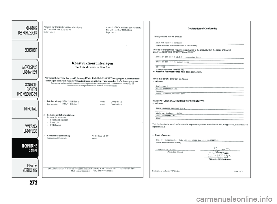 FIAT DUCATO 2013 Betriebsanleitung (in German) 272
KENNTNIS
DES FAHRZEUGES
SICHERHEIT
MOTORSTART
UND FAHREN
KONTROLL-
LEUCHTEN
UND MELDUNGEN
IM NOTFALL
WARTUNG
UND PFLEGE
TECHNISCHE
DATEN
INHALTS -
VERZEICHNIS
Pagine_ITA.indd 118-05-2005 11:5 FIAT DUCATO 2013 Betriebsanleitung (in German) 272
KENNTNIS
DES FAHRZEUGES
SICHERHEIT
MOTORSTART
UND FAHREN
KONTROLL-
LEUCHTEN
UND MELDUNGEN
IM NOTFALL
WARTUNG
UND PFLEGE
TECHNISCHE
DATEN
INHALTS -
VERZEICHNIS
Pagine_ITA.indd 118-05-2005 11:5