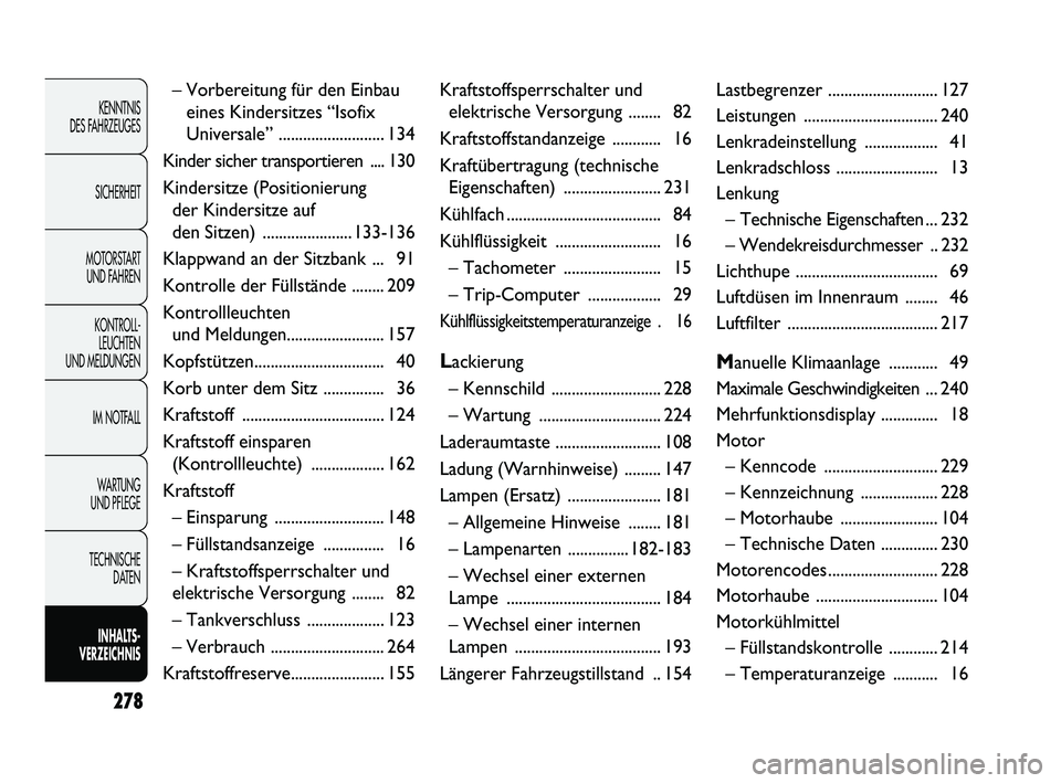 FIAT DUCATO 2012  Betriebsanleitung (in German) 278
KENNTNIS 
DES FAHRZEUGES
SICHERHEIT
MOTORSTART 
UND FAHREN
KONTROLL-
LEUCHTEN 
UND MELDUNGEN
IM NOTFALL
WARTUNG 
UND PFLEGE
TECHNISCHE 
DATEN
INHALTS -
VERZEICHNIS
– Vorbereitung für den Einbau
