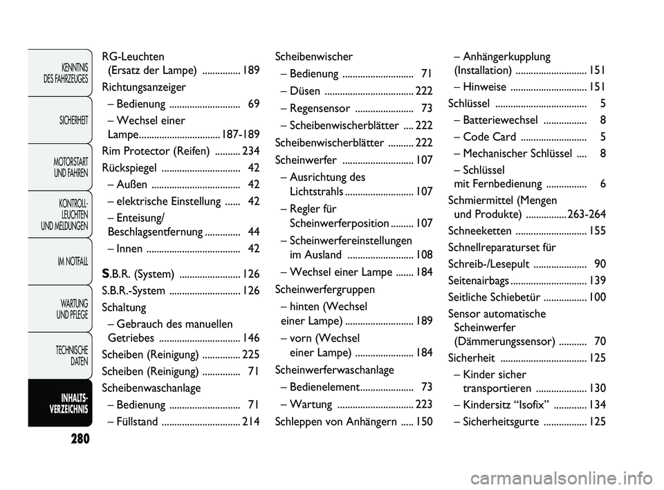 FIAT DUCATO 2012  Betriebsanleitung (in German) 280
KENNTNIS 
DES FAHRZEUGES
SICHERHEIT
MOTORSTART 
UND FAHREN
KONTROLL-
LEUCHTEN 
UND MELDUNGEN
IM NOTFALL
WARTUNG 
UND PFLEGE
TECHNISCHE 
DATEN
INHALTS -
VERZEICHNIS
RG-Leuchten 
(Ersatz der Lampe) 