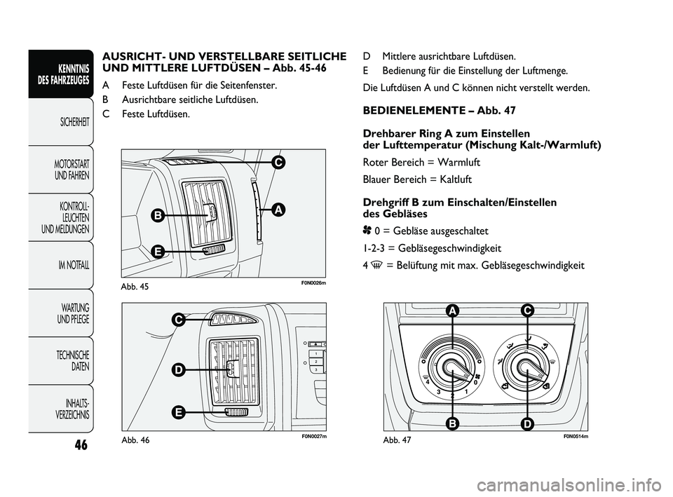 FIAT DUCATO 2013 Betriebsanleitung (in German) F0N0026mAbb. 45
F0N0027mAbb. 46F0N0514mAbb. 47
D Mittlere ausrichtbare Luftdüsen.
E Bedienung für die Einstellung der Luftmenge.
Die Luftdüsen A und C können nicht verstellt werden.
BEDIENELEMENTE FIAT DUCATO 2013 Betriebsanleitung (in German) F0N0026mAbb. 45
F0N0027mAbb. 46F0N0514mAbb. 47
D Mittlere ausrichtbare Luftdüsen.
E Bedienung für die Einstellung der Luftmenge.
Die Luftdüsen A und C können nicht verstellt werden.
BEDIENELEMENTE