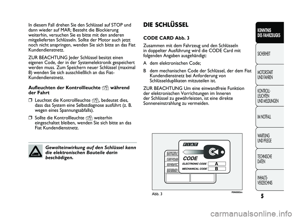 FIAT DUCATO 2012  Betriebsanleitung (in German) 5
KENNTNIS 
DES FAHRZEUGES
SICHERHEIT
MOTORSTART 
UND FAHREN
KONTROLL-
LEUCHTEN 
UND MELDUNGEN
IM NOTFALL
WARTUNG 
UND PFLEGE
TECHNISCHE 
DATEN
INHALTS-
VERZEICHNIS
DIE SCHLÜSSEL
CODE CARD Abb. 3
Zus