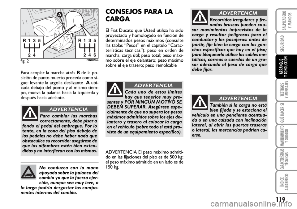 FIAT DUCATO 2006 Manual de Empleo y Cuidado (in Spanish) 119
SEGURIDAD
TESTIGOS
Y MENSAJES
QUÉ HACER SI
MANTENIMIENTO
Y CUIDADO
CARACTERÍSTICASTÉCNICAS
ÍNDICE
ALFABÉTICO
SALPICADERO
Y MANDOS
ARRANQUE
Y CONDUCCIÓN
fig. 2F0N0074m
Para cambiar las marcha FIAT DUCATO 2006 Manual de Empleo y Cuidado (in Spanish) 119
SEGURIDAD
TESTIGOS
Y MENSAJES
QUÉ HACER SI
MANTENIMIENTO
Y CUIDADO
CARACTERÍSTICASTÉCNICAS
ÍNDICE
ALFABÉTICO
SALPICADERO
Y MANDOS
ARRANQUE
Y CONDUCCIÓN
fig. 2F0N0074m
Para cambiar las marcha
