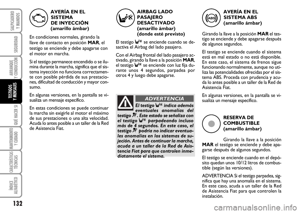 FIAT DUCATO 2006  Manual de Empleo y Cuidado (in Spanish) 132
SEGURIDAD
ARRANQUE
Y CONDUCCIÓN
QUÉ HACER SI
MANTENIMIENTO
Y CUIDADO
CARACTERÍSTICASTÉCNICAS
ÍNDICE
ALFABÉTICO
SALPICADERO
Y MANDOS
TESTIGOS
Y MENSAJES
ç
RESERVA DE
COMBUSTIBLE
(amarillo á