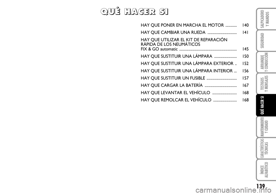 FIAT DUCATO 2006  Manual de Empleo y Cuidado (in Spanish) 139
SEGURIDAD
ARRANQUE
Y CONDUCCIÓN
TESTIGOS
Y MENSAJES
MANTENIMIENTO
Y CUIDADO
CARACTERÍSTICASTÉCNICAS
ÍNDICE
ALFABÉTICO
SALPICADERO
Y MANDOS
QUÉ HACER SI
HAY QUE PONER EN MARCHA EL MOTOR  ....