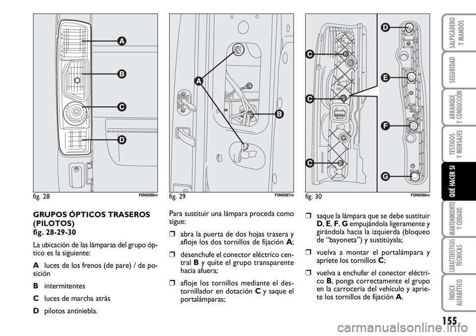 FIAT DUCATO 2006  Manual de Empleo y Cuidado (in Spanish) 155
SEGURIDAD
ARRANQUE
Y CONDUCCIÓN
TESTIGOS
Y MENSAJES
MANTENIMIENTO
Y CUIDADO
CARACTERÍSTICASTÉCNICAS
ÍNDICE
ALFABÉTICO
SALPICADERO
Y MANDOS
QUÉ HACER SI
GRUPOS ÓPTICOS TRASEROS
(PILOTOS)
fig