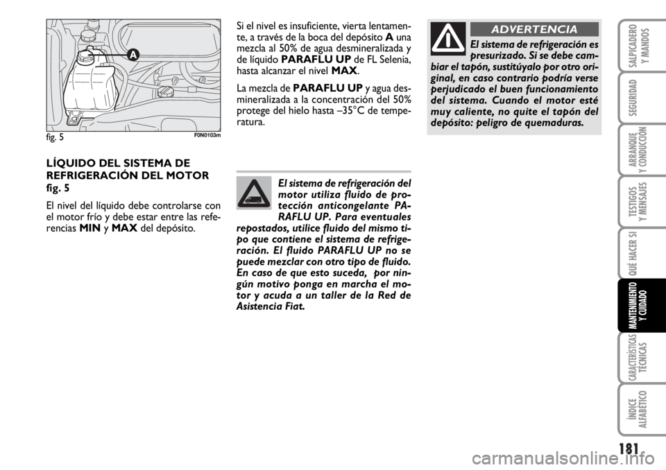 FIAT DUCATO 2006  Manual de Empleo y Cuidado (in Spanish) 181
SEGURIDAD
ARRANQUE
Y CONDUCCIÓN
TESTIGOS
Y MENSAJES
CARACTERÍSTICASTÉCNICAS
ÍNDICE
ALFABÉTICO
SALPICADERO
Y MANDOS
QUÉ HACER SI
MANTENIMIENTO
Y CUIDADO
LÍQUIDO DEL SISTEMA DE
REFRIGERACIÓN