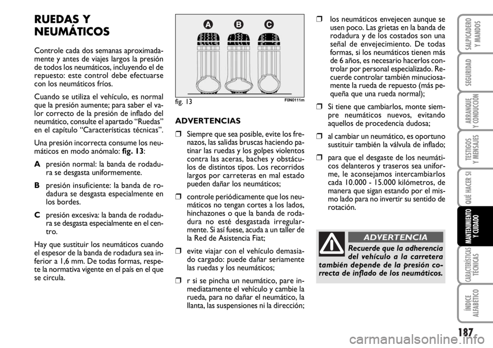 FIAT DUCATO 2006  Manual de Empleo y Cuidado (in Spanish) 187
SEGURIDAD
ARRANQUE
Y CONDUCCIÓN
TESTIGOS
Y MENSAJES
CARACTERÍSTICASTÉCNICAS
ÍNDICE
ALFABÉTICO
SALPICADERO
Y MANDOS
QUÉ HACER SI
MANTENIMIENTO
Y CUIDADO
RUEDAS Y
NEUMÁTICOS
Controle cada dos
