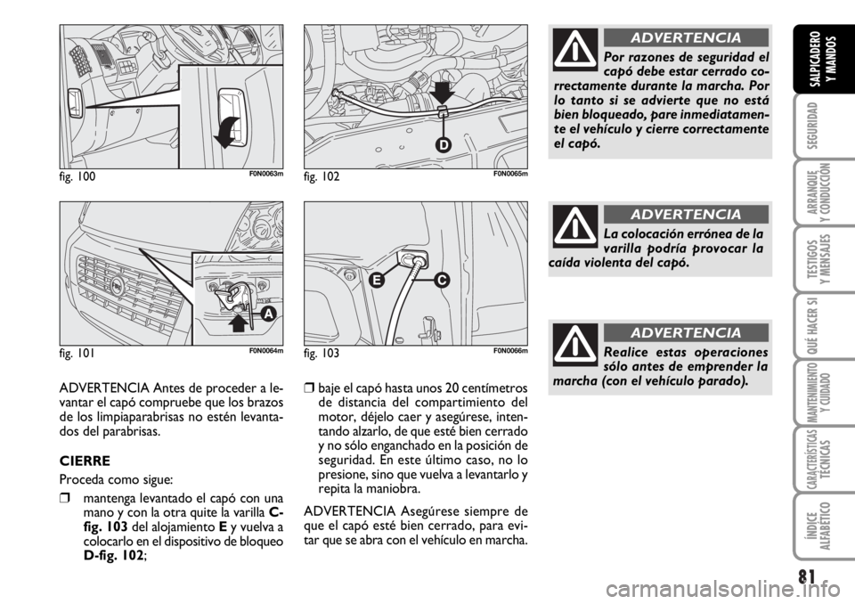 FIAT DUCATO 2006  Manual de Empleo y Cuidado (in Spanish) 81
SEGURIDAD
ARRANQUE
Y CONDUCCIÓN
TESTIGOS
Y MENSAJES
QUÉ HACER SI
MANTENIMIENTO
Y CUIDADO
CARACTERÍSTICASTÉCNICAS
ÍNDICE
ALFABÉTICO
SALPICADERO
Y MANDOS
fig. 100F0N0063m
fig. 101F0N0064m
fig. 
