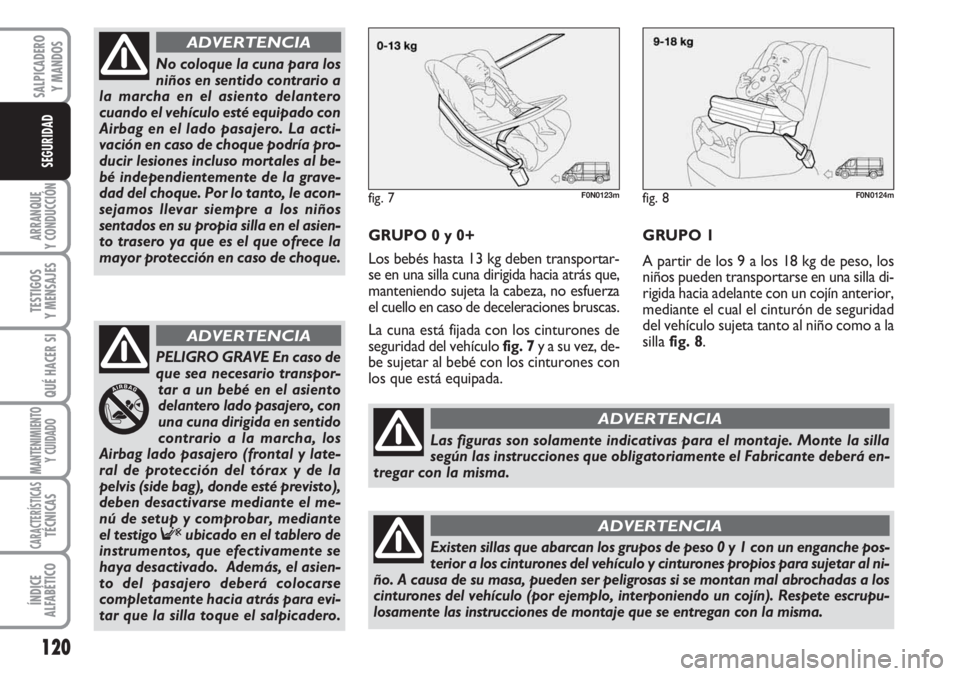 FIAT DUCATO 2007  Manual de Empleo y Cuidado (in Spanish) 120
ARRANQUE
Y CONDUCCIÓN
TESTIGOS
Y MENSAJES
QUÉ HACER SI
MANTENIMIENTO
Y CUIDADO
CARACTERÍSTICASTÉCNICAS
ÍNDICE
ALFABÉTICO
SALPICADERO
Y MANDOS
SEGURIDAD
GRUPO 0 y 0+
Los bebés hasta 13 kg de