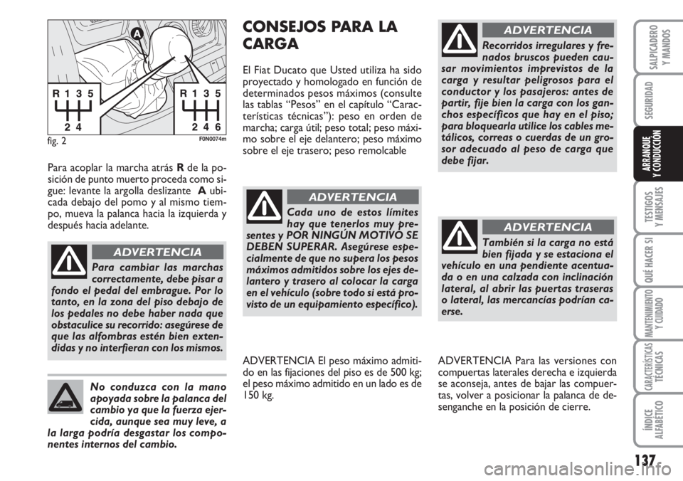 FIAT DUCATO 2007 Manual de Empleo y Cuidado (in Spanish) 137
SEGURIDAD
TESTIGOS
Y MENSAJES
QUÉ HACER SI
MANTENIMIENTO
Y CUIDADO
CARACTERÍSTICASTÉCNICAS
ÍNDICE
ALFABÉTICO
SALPICADERO
Y MANDOS
ARRANQUE
Y CONDUCCIÓN
fig. 2F0N0074m
Para cambiar las marcha FIAT DUCATO 2007 Manual de Empleo y Cuidado (in Spanish) 137
SEGURIDAD
TESTIGOS
Y MENSAJES
QUÉ HACER SI
MANTENIMIENTO
Y CUIDADO
CARACTERÍSTICASTÉCNICAS
ÍNDICE
ALFABÉTICO
SALPICADERO
Y MANDOS
ARRANQUE
Y CONDUCCIÓN
fig. 2F0N0074m
Para cambiar las marcha