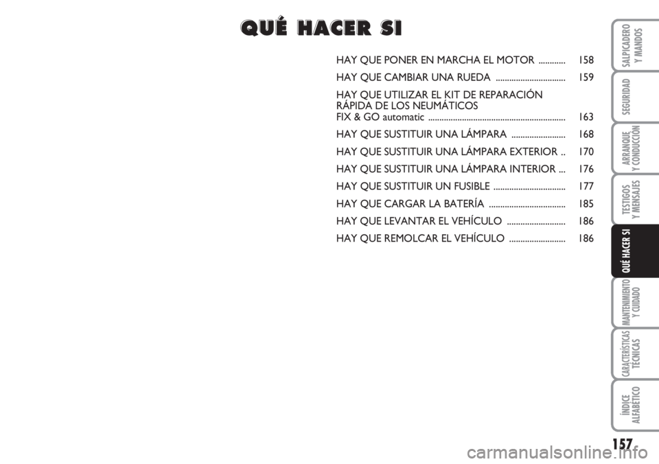 FIAT DUCATO 2007 Manual de Empleo y Cuidado (in Spanish) 157
SEGURIDAD
ARRANQUE
Y CONDUCCIÓN
TESTIGOS
Y MENSAJES
MANTENIMIENTO
Y CUIDADO
CARACTERÍSTICASTÉCNICAS
ÍNDICE
ALFABÉTICO
SALPICADERO
Y MANDOS
QUÉ HACER SI
HAY QUE PONER EN MARCHA EL MOTOR .... FIAT DUCATO 2007 Manual de Empleo y Cuidado (in Spanish) 157
SEGURIDAD
ARRANQUE
Y CONDUCCIÓN
TESTIGOS
Y MENSAJES
MANTENIMIENTO
Y CUIDADO
CARACTERÍSTICASTÉCNICAS
ÍNDICE
ALFABÉTICO
SALPICADERO
Y MANDOS
QUÉ HACER SI
HAY QUE PONER EN MARCHA EL MOTOR ....