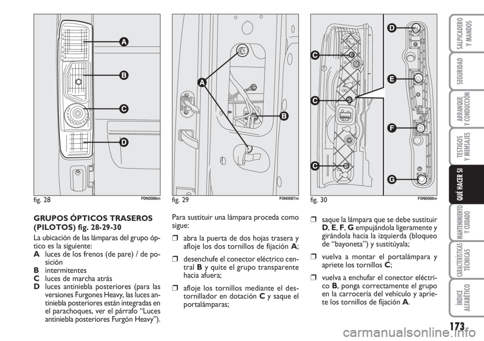 FIAT DUCATO 2007 Manual de Empleo y Cuidado (in Spanish) 173
SEGURIDAD
ARRANQUE
Y CONDUCCIÓN
TESTIGOS
Y MENSAJES
MANTENIMIENTO
Y CUIDADO
CARACTERÍSTICASTÉCNICAS
ÍNDICE
ALFABÉTICO
SALPICADERO
Y MANDOS
QUÉ HACER SI
GRUPOS ÓPTICOS TRASEROS
(PILOTOS) fig FIAT DUCATO 2007 Manual de Empleo y Cuidado (in Spanish) 173
SEGURIDAD
ARRANQUE
Y CONDUCCIÓN
TESTIGOS
Y MENSAJES
MANTENIMIENTO
Y CUIDADO
CARACTERÍSTICASTÉCNICAS
ÍNDICE
ALFABÉTICO
SALPICADERO
Y MANDOS
QUÉ HACER SI
GRUPOS ÓPTICOS TRASEROS
(PILOTOS) fig