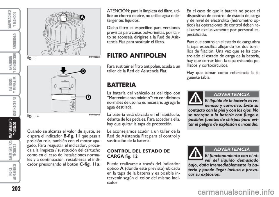 FIAT DUCATO 2007  Manual de Empleo y Cuidado (in Spanish) 202
SEGURIDAD
ARRANQUE
Y CONDUCCIÓN
TESTIGOS
Y MENSAJES
CARACTERÍSTICASTÉCNICAS
ÍNDICE
ALFABÉTICO
SALPICADERO
Y MANDOS
QUÉ HACER SI
MANTENIMIENTO
Y CUIDADO
ATENCIÓN: para la limpieza del filtro
