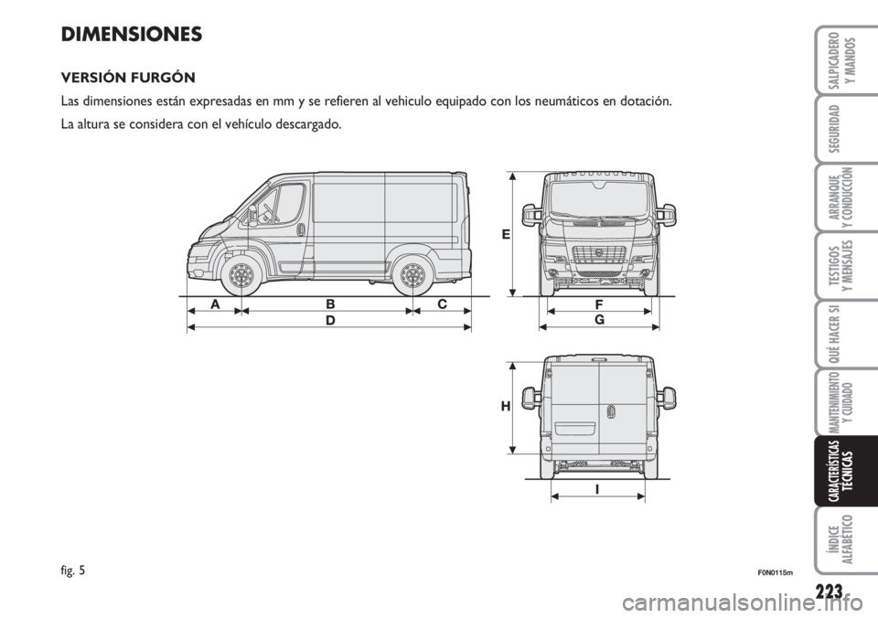 FIAT DUCATO 2007  Manual de Empleo y Cuidado (in Spanish) 223
SEGURIDAD
ARRANQUE
Y CONDUCCIÓN
TESTIGOS
Y MENSAJES
QUÉ HACER SI
MANTENIMIENTO
Y CUIDADO
ÍNDICE
ALFABÉTICO
SALPICADERO
Y MANDOS
CARACTERÍSTICASTÉCNICAS
DIMENSIONES
VERSIÓN FURGÓN
Las dimen