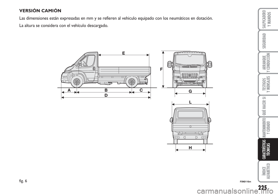 FIAT DUCATO 2007  Manual de Empleo y Cuidado (in Spanish) 225
SEGURIDAD
ARRANQUE
Y CONDUCCIÓN
TESTIGOS
Y MENSAJES
QUÉ HACER SI
MANTENIMIENTO
Y CUIDADO
ÍNDICE
ALFABÉTICO
SALPICADERO
Y MANDOS
CARACTERÍSTICASTÉCNICAS
F0N0116mfig. 6
VERSIÓN CAMIÓN
Las di