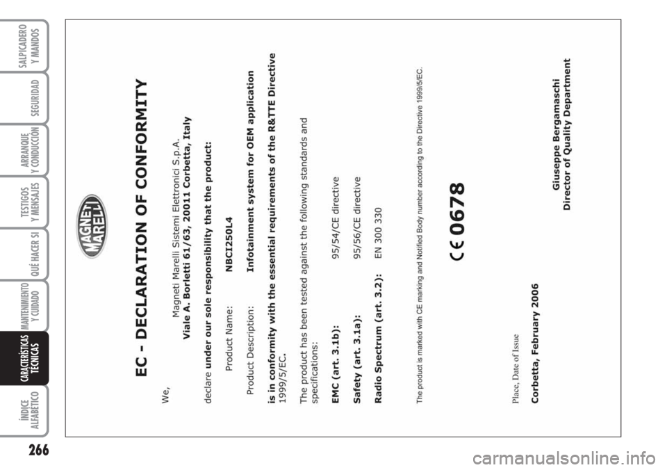 FIAT DUCATO 2007 Manual de Empleo y Cuidado (in Spanish) 266
SEGURIDAD
ARRANQUE
Y CONDUCCIÓN
TESTIGOS
Y MENSAJES
QUÉ HACER SI
MANTENIMIENTO
Y CUIDADO
ÍNDICE
ALFABÉTICO
SALPICADERO
Y MANDOS
CARACTERÍSTICASTÉCNICAS FIAT DUCATO 2007 Manual de Empleo y Cuidado (in Spanish) 266
SEGURIDAD
ARRANQUE
Y CONDUCCIÓN
TESTIGOS
Y MENSAJES
QUÉ HACER SI
MANTENIMIENTO
Y CUIDADO
ÍNDICE
ALFABÉTICO
SALPICADERO
Y MANDOS
CARACTERÍSTICASTÉCNICAS