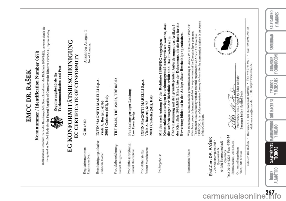 FIAT DUCATO 2007 Manual de Empleo y Cuidado (in Spanish) 267
SEGURIDAD
ARRANQUE
Y CONDUCCIÓN
TESTIGOS
Y MENSAJES
QUÉ HACER SI
MANTENIMIENTO
Y CUIDADO
ÍNDICE
ALFABÉTICO
SALPICADERO
Y MANDOS
CARACTERÍSTICASTÉCNICAS FIAT DUCATO 2007 Manual de Empleo y Cuidado (in Spanish) 267
SEGURIDAD
ARRANQUE
Y CONDUCCIÓN
TESTIGOS
Y MENSAJES
QUÉ HACER SI
MANTENIMIENTO
Y CUIDADO
ÍNDICE
ALFABÉTICO
SALPICADERO
Y MANDOS
CARACTERÍSTICASTÉCNICAS