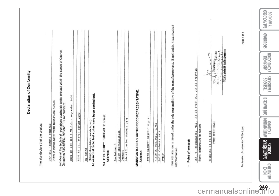 FIAT DUCATO 2007 Manual de Empleo y Cuidado (in Spanish) 269
SEGURIDAD
ARRANQUE
Y CONDUCCIÓN
TESTIGOS
Y MENSAJES
QUÉ HACER SI
MANTENIMIENTO
Y CUIDADO
ÍNDICE
ALFABÉTICO
SALPICADERO
Y MANDOS
CARACTERÍSTICASTÉCNICAS FIAT DUCATO 2007 Manual de Empleo y Cuidado (in Spanish) 269
SEGURIDAD
ARRANQUE
Y CONDUCCIÓN
TESTIGOS
Y MENSAJES
QUÉ HACER SI
MANTENIMIENTO
Y CUIDADO
ÍNDICE
ALFABÉTICO
SALPICADERO
Y MANDOS
CARACTERÍSTICASTÉCNICAS