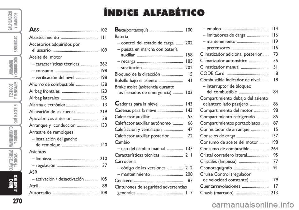 FIAT DUCATO 2007  Manual de Empleo y Cuidado (in Spanish) 270
SEGURIDAD
ARRANQUE
Y CONDUCCIÓN
TESTIGOS
Y MENSAJES
QUÉ HACER SI
MANTENIMIENTO
Y CUIDADO
SALPICADERO
Y MANDOS
CARACTERÍSTICASTÉCNICAS
ÍNDICE
ALFABÉTICO
Baca/portaesquís ....................