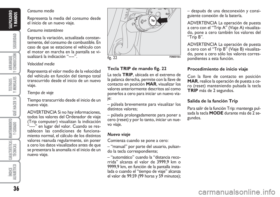 FIAT DUCATO 2007 Manual de Empleo y Cuidado (in Spanish) Consumo medio
Representa la media del consumo desde
el inicio de un nuevo viaje.
Consumo instantáneo
Expresa la variación, actualizada constan-
temente, del consumo de combustible. En
caso de que se FIAT DUCATO 2007 Manual de Empleo y Cuidado (in Spanish) Consumo medio
Representa la media del consumo desde
el inicio de un nuevo viaje.
Consumo instantáneo
Expresa la variación, actualizada constan-
temente, del consumo de combustible. En
caso de que se