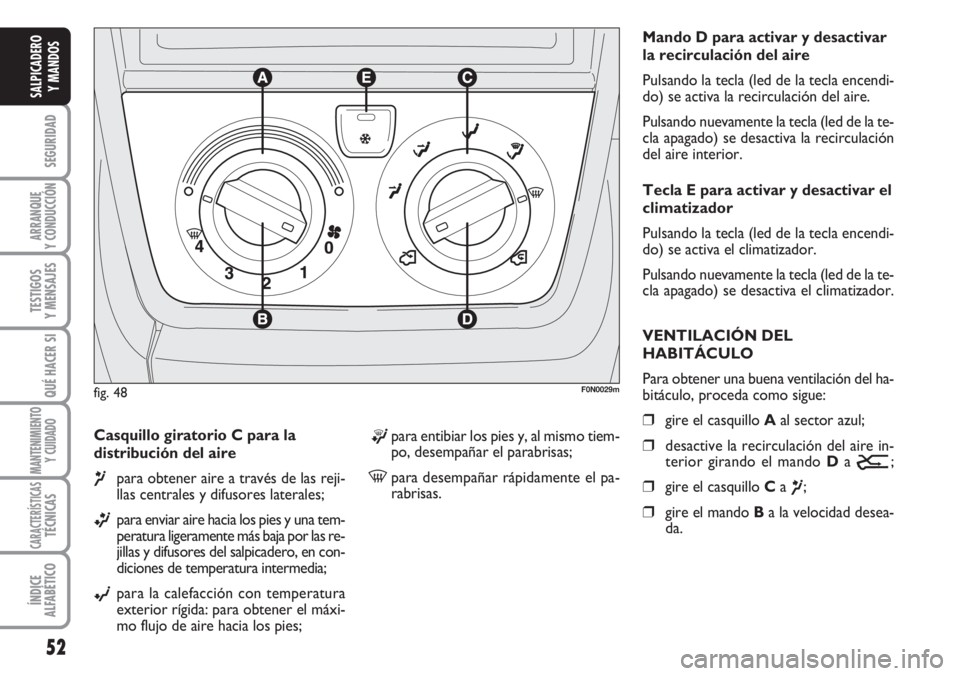 FIAT DUCATO 2007 Manual de Empleo y Cuidado (in Spanish) 52
SEGURIDAD
ARRANQUE
Y CONDUCCIÓN
TESTIGOS
Y MENSAJES
QUÉ HACER SI
MANTENIMIENTO
Y CUIDADO
CARACTERÍSTICASTÉCNICAS
ÍNDICE
ALFABÉTICO
SALPICADERO
Y MANDOS
Casquillo giratorio C para la
distribuc FIAT DUCATO 2007 Manual de Empleo y Cuidado (in Spanish) 52
SEGURIDAD
ARRANQUE
Y CONDUCCIÓN
TESTIGOS
Y MENSAJES
QUÉ HACER SI
MANTENIMIENTO
Y CUIDADO
CARACTERÍSTICASTÉCNICAS
ÍNDICE
ALFABÉTICO
SALPICADERO
Y MANDOS
Casquillo giratorio C para la
distribuc