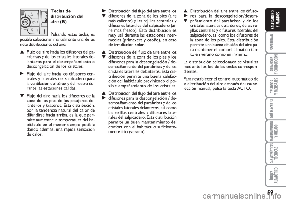 FIAT DUCATO 2007 Manual de Empleo y Cuidado (in Spanish) 59
SEGURIDAD
ARRANQUE
Y CONDUCCIÓN
TESTIGOS
Y MENSAJES
QUÉ HACER SI
MANTENIMIENTO
Y CUIDADO
CARACTERÍSTICASTÉCNICAS
ÍNDICE
ALFABÉTICO
SALPICADERO
Y MANDOS
Teclas de
distribución del
aire (B)
FIAT DUCATO 2007 Manual de Empleo y Cuidado (in Spanish) 59
SEGURIDAD
ARRANQUE
Y CONDUCCIÓN
TESTIGOS
Y MENSAJES
QUÉ HACER SI
MANTENIMIENTO
Y CUIDADO
CARACTERÍSTICASTÉCNICAS
ÍNDICE
ALFABÉTICO
SALPICADERO
Y MANDOS
Teclas de
distribución del
aire (B)