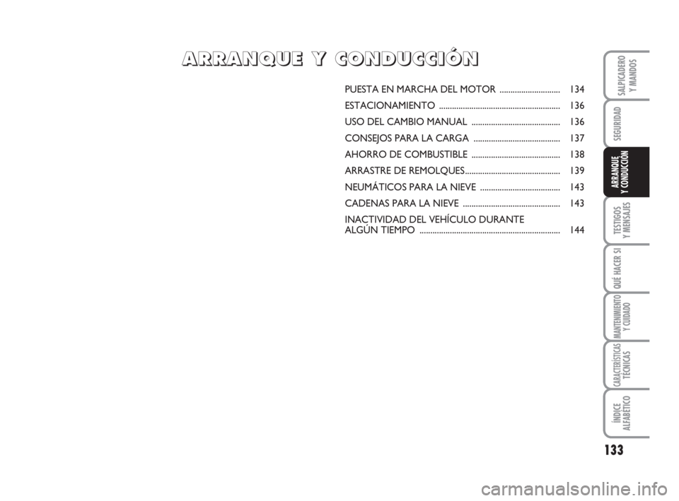 FIAT DUCATO 2008  Manual de Empleo y Cuidado (in Spanish) 133
SEGURIDAD
TESTIGOS
Y MENSAJES
QUÉ HACER SI
MANTENIMIENTO
Y CUIDADO
CARACTERÍSTICASTÉCNICAS
ÍNDICE
ALFABÉTICO
SALPICADERO
Y MANDOS
ARRANQUE
Y CONDUCCIÓN
PUESTA EN MARCHA DEL MOTOR ...........