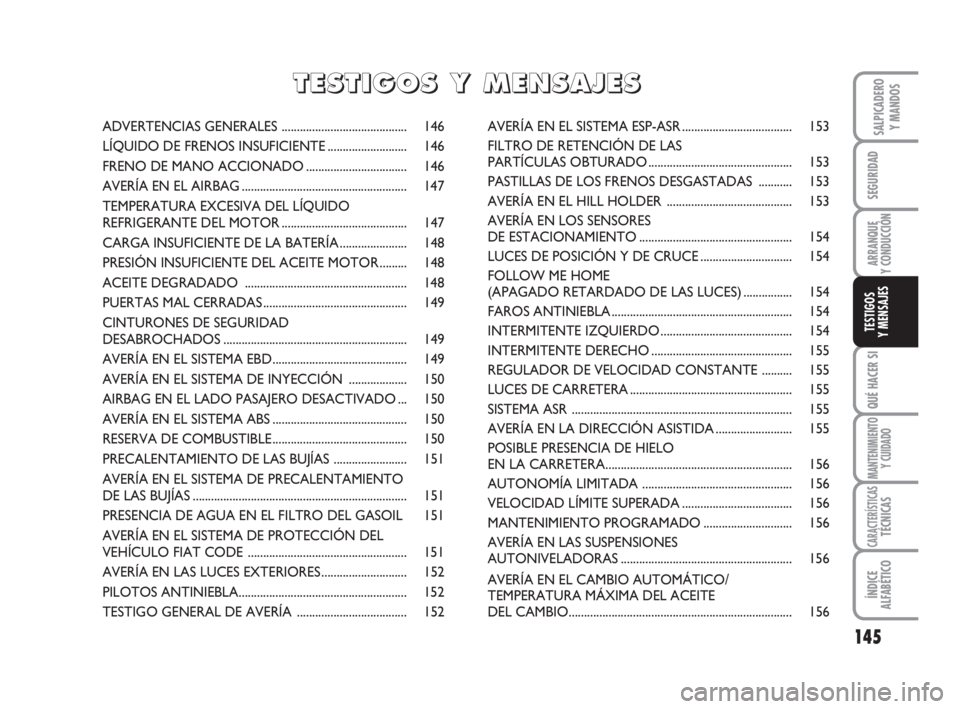 FIAT DUCATO 2008  Manual de Empleo y Cuidado (in Spanish) 145
SEGURIDAD
ARRANQUE
Y CONDUCCIÓN
QUÉ HACER SI
MANTENIMIENTO
Y CUIDADO
CARACTERÍSTICASTÉCNICAS
ÍNDICE
ALFABÉTICO
SALPICADERO
Y MANDOS
TESTIGOS
Y MENSAJES
ADVERTENCIAS GENERALES ...............