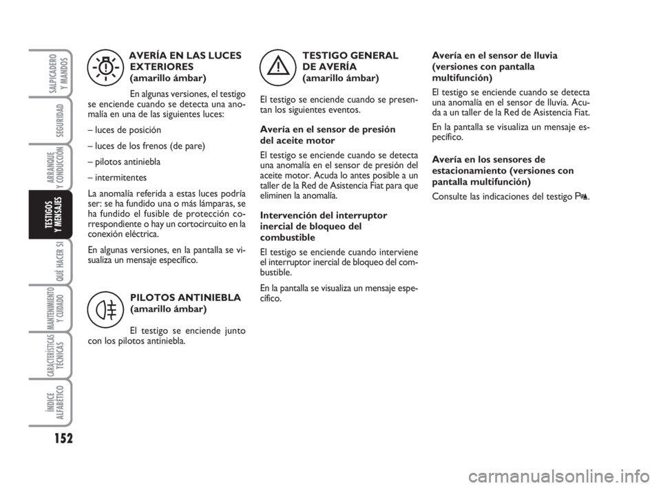 FIAT DUCATO 2008 Manual de Empleo y Cuidado (in Spanish) 152
SEGURIDAD
ARRANQUE
Y CONDUCCIÓN
QUÉ HACER SI
MANTENIMIENTO
Y CUIDADO
CARACTERÍSTICASTÉCNICAS
ÍNDICE
ALFABÉTICO
SALPICADERO
Y MANDOS
TESTIGOS
Y MENSAJES
TESTIGO GENERAL
DE AVERÍA
(amarillo FIAT DUCATO 2008 Manual de Empleo y Cuidado (in Spanish) 152
SEGURIDAD
ARRANQUE
Y CONDUCCIÓN
QUÉ HACER SI
MANTENIMIENTO
Y CUIDADO
CARACTERÍSTICASTÉCNICAS
ÍNDICE
ALFABÉTICO
SALPICADERO
Y MANDOS
TESTIGOS
Y MENSAJES
TESTIGO GENERAL
DE AVERÍA
(amarillo