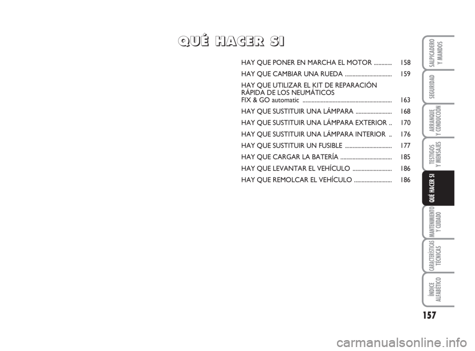 FIAT DUCATO 2008 Manual de Empleo y Cuidado (in Spanish) 157
SEGURIDAD
ARRANQUE
Y CONDUCCIÓN
TESTIGOS
Y MENSAJES
MANTENIMIENTO
Y CUIDADO
CARACTERÍSTICASTÉCNICAS
ÍNDICE
ALFABÉTICO
SALPICADERO
Y MANDOS
QUÉ HACER SI
HAY QUE PONER EN MARCHA EL MOTOR ..... FIAT DUCATO 2008 Manual de Empleo y Cuidado (in Spanish) 157
SEGURIDAD
ARRANQUE
Y CONDUCCIÓN
TESTIGOS
Y MENSAJES
MANTENIMIENTO
Y CUIDADO
CARACTERÍSTICASTÉCNICAS
ÍNDICE
ALFABÉTICO
SALPICADERO
Y MANDOS
QUÉ HACER SI
HAY QUE PONER EN MARCHA EL MOTOR .....
