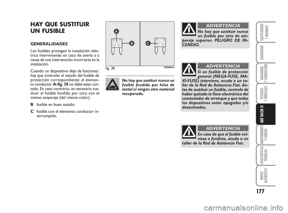 FIAT DUCATO 2008 Manual de Empleo y Cuidado (in Spanish) 177
SEGURIDAD
ARRANQUE
Y CONDUCCIÓN
TESTIGOS
Y MENSAJES
MANTENIMIENTO
Y CUIDADO
CARACTERÍSTICASTÉCNICAS
ÍNDICE
ALFABÉTICO
SALPICADERO
Y MANDOS
QUÉ HACER SI
HAY QUE SUSTITUIR
UN FUSIBLE
GENERALID FIAT DUCATO 2008 Manual de Empleo y Cuidado (in Spanish) 177
SEGURIDAD
ARRANQUE
Y CONDUCCIÓN
TESTIGOS
Y MENSAJES
MANTENIMIENTO
Y CUIDADO
CARACTERÍSTICASTÉCNICAS
ÍNDICE
ALFABÉTICO
SALPICADERO
Y MANDOS
QUÉ HACER SI
HAY QUE SUSTITUIR
UN FUSIBLE
GENERALID