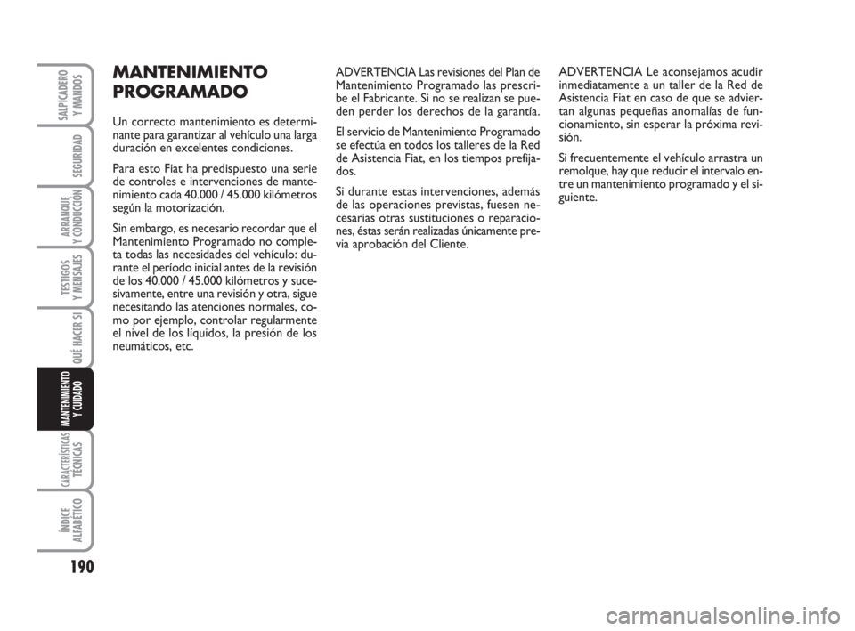 FIAT DUCATO 2008  Manual de Empleo y Cuidado (in Spanish) 190
SEGURIDAD
ARRANQUE
Y CONDUCCIÓN
TESTIGOS
Y MENSAJES
CARACTERÍSTICASTÉCNICAS
ÍNDICE
ALFABÉTICO
SALPICADERO
Y MANDOS
QUÉ HACER SI
MANTENIMIENTO
Y CUIDADO
ADVERTENCIA Las revisiones del Plan de FIAT DUCATO 2008  Manual de Empleo y Cuidado (in Spanish) 190
SEGURIDAD
ARRANQUE
Y CONDUCCIÓN
TESTIGOS
Y MENSAJES
CARACTERÍSTICASTÉCNICAS
ÍNDICE
ALFABÉTICO
SALPICADERO
Y MANDOS
QUÉ HACER SI
MANTENIMIENTO
Y CUIDADO
ADVERTENCIA Las revisiones del Plan de