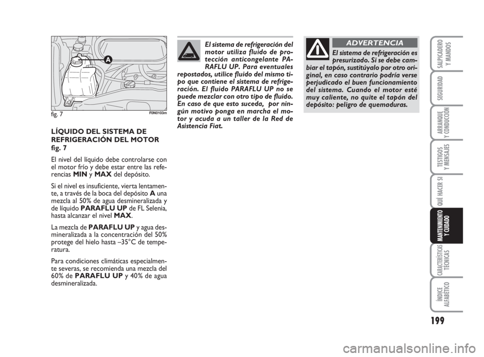 FIAT DUCATO 2008  Manual de Empleo y Cuidado (in Spanish) 199
SEGURIDAD
ARRANQUE
Y CONDUCCIÓN
TESTIGOS
Y MENSAJES
CARACTERÍSTICASTÉCNICAS
ÍNDICE
ALFABÉTICO
SALPICADERO
Y MANDOS
QUÉ HACER SI
MANTENIMIENTO
Y CUIDADO
LÍQUIDO DEL SISTEMA DE
REFRIGERACIÓN FIAT DUCATO 2008  Manual de Empleo y Cuidado (in Spanish) 199
SEGURIDAD
ARRANQUE
Y CONDUCCIÓN
TESTIGOS
Y MENSAJES
CARACTERÍSTICASTÉCNICAS
ÍNDICE
ALFABÉTICO
SALPICADERO
Y MANDOS
QUÉ HACER SI
MANTENIMIENTO
Y CUIDADO
LÍQUIDO DEL SISTEMA DE
REFRIGERACIÓN