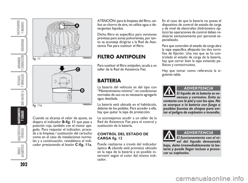FIAT DUCATO 2008 Manual de Empleo y Cuidado (in Spanish) 202
SEGURIDAD
ARRANQUE
Y CONDUCCIÓN
TESTIGOS
Y MENSAJES
CARACTERÍSTICASTÉCNICAS
ÍNDICE
ALFABÉTICO
SALPICADERO
Y MANDOS
QUÉ HACER SI
MANTENIMIENTO
Y CUIDADO
ATENCIÓN: para la limpieza del filtro FIAT DUCATO 2008 Manual de Empleo y Cuidado (in Spanish) 202
SEGURIDAD
ARRANQUE
Y CONDUCCIÓN
TESTIGOS
Y MENSAJES
CARACTERÍSTICASTÉCNICAS
ÍNDICE
ALFABÉTICO
SALPICADERO
Y MANDOS
QUÉ HACER SI
MANTENIMIENTO
Y CUIDADO
ATENCIÓN: para la limpieza del filtro