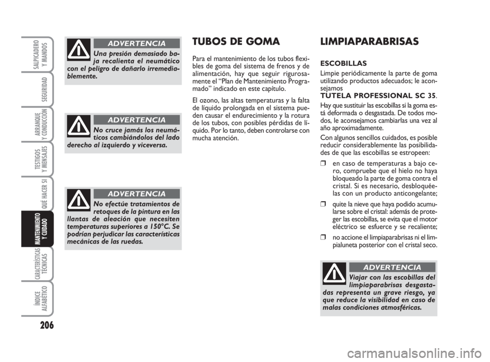 FIAT DUCATO 2008 Manual de Empleo y Cuidado (in Spanish) 206
SEGURIDAD
ARRANQUE
Y CONDUCCIÓN
TESTIGOS
Y MENSAJES
CARACTERÍSTICASTÉCNICAS
ÍNDICE
ALFABÉTICO
SALPICADERO
Y MANDOS
QUÉ HACER SI
MANTENIMIENTO
Y CUIDADO
LIMPIAPARABRISAS
ESCOBILLAS
Limpie per FIAT DUCATO 2008 Manual de Empleo y Cuidado (in Spanish) 206
SEGURIDAD
ARRANQUE
Y CONDUCCIÓN
TESTIGOS
Y MENSAJES
CARACTERÍSTICASTÉCNICAS
ÍNDICE
ALFABÉTICO
SALPICADERO
Y MANDOS
QUÉ HACER SI
MANTENIMIENTO
Y CUIDADO
LIMPIAPARABRISAS
ESCOBILLAS
Limpie per