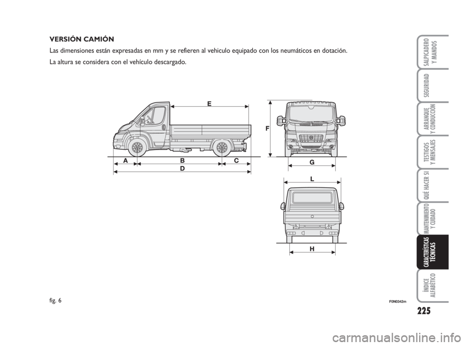 FIAT DUCATO 2008 Manual de Empleo y Cuidado (in Spanish) 225
SEGURIDAD
ARRANQUE
Y CONDUCCIÓN
TESTIGOS
Y MENSAJES
QUÉ HACER SI
MANTENIMIENTO
Y CUIDADO
ÍNDICE
ALFABÉTICO
SALPICADERO
Y MANDOS
CARACTERÍSTICASTÉCNICAS
F0N0342mfig. 6
VERSIÓN CAMIÓN
Las di FIAT DUCATO 2008 Manual de Empleo y Cuidado (in Spanish) 225
SEGURIDAD
ARRANQUE
Y CONDUCCIÓN
TESTIGOS
Y MENSAJES
QUÉ HACER SI
MANTENIMIENTO
Y CUIDADO
ÍNDICE
ALFABÉTICO
SALPICADERO
Y MANDOS
CARACTERÍSTICASTÉCNICAS
F0N0342mfig. 6
VERSIÓN CAMIÓN
Las di