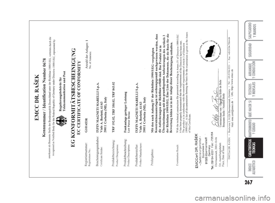 FIAT DUCATO 2008 Manual de Empleo y Cuidado (in Spanish) 267
SEGURIDAD
ARRANQUE
Y CONDUCCIÓN
TESTIGOS
Y MENSAJES
QUÉ HACER SI
MANTENIMIENTO
Y CUIDADO
ÍNDICE
ALFABÉTICO
SALPICADERO
Y MANDOS
CARACTERÍSTICASTÉCNICAS
211-269 Ducato E 6-11-2007 14:17 Pa FIAT DUCATO 2008 Manual de Empleo y Cuidado (in Spanish) 267
SEGURIDAD
ARRANQUE
Y CONDUCCIÓN
TESTIGOS
Y MENSAJES
QUÉ HACER SI
MANTENIMIENTO
Y CUIDADO
ÍNDICE
ALFABÉTICO
SALPICADERO
Y MANDOS
CARACTERÍSTICASTÉCNICAS
211-269 Ducato E 6-11-2007 14:17 Pa