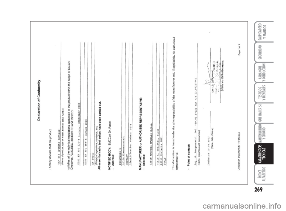 FIAT DUCATO 2008 Manual de Empleo y Cuidado (in Spanish) 269
SEGURIDAD
ARRANQUE
Y CONDUCCIÓN
TESTIGOS
Y MENSAJES
QUÉ HACER SI
MANTENIMIENTO
Y CUIDADO
ÍNDICE
ALFABÉTICO
SALPICADERO
Y MANDOS
CARACTERÍSTICASTÉCNICAS
211-269 Ducato E 6-11-2007 14:17 Pa FIAT DUCATO 2008 Manual de Empleo y Cuidado (in Spanish) 269
SEGURIDAD
ARRANQUE
Y CONDUCCIÓN
TESTIGOS
Y MENSAJES
QUÉ HACER SI
MANTENIMIENTO
Y CUIDADO
ÍNDICE
ALFABÉTICO
SALPICADERO
Y MANDOS
CARACTERÍSTICASTÉCNICAS
211-269 Ducato E 6-11-2007 14:17 Pa