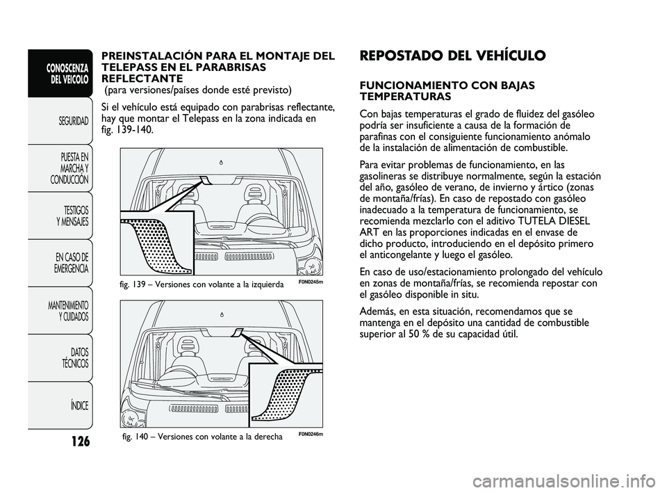 FIAT DUCATO 2010  Manual de Empleo y Cuidado (in Spanish) 126
CONOSCENZA
DEL VEICOLO
SEGURIDAD
PUESTA EN
MARCHA Y
CONDUCCIÓN
TESTIGOS
Y MENSAJES
EN CASO DE
EMERGENCIA
MANTENIMIENTO
Y CUIDADOS
DATOS
TÉCNICOS
ÍNDICE
F0N0246mfig. 140 – Versiones con volant