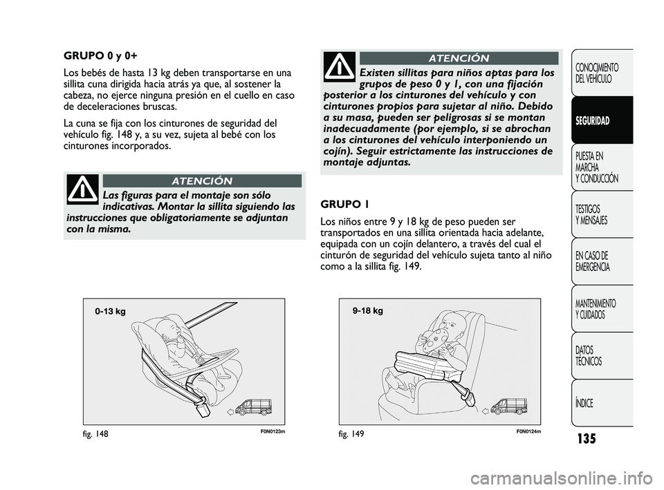 FIAT DUCATO 2010 Manual de Empleo y Cuidado (in Spanish) 135
F0N0123mfig. 148
CONOCIMIENTO
DEL VEHÍCULO
SEGURIDAD
PUESTA EN
MARCHA
Y CONDUCCIÓN
TESTIGOS
Y MENSAJES
EN CASO DE
EMERGENCIA
MANTENIMIENTO
Y CUIDADOS
DATOS
TÉCNICOS
ÍNDICE
GRUPO 0 y 0+
Los beb FIAT DUCATO 2010 Manual de Empleo y Cuidado (in Spanish) 135
F0N0123mfig. 148
CONOCIMIENTO
DEL VEHÍCULO
SEGURIDAD
PUESTA EN
MARCHA
Y CONDUCCIÓN
TESTIGOS
Y MENSAJES
EN CASO DE
EMERGENCIA
MANTENIMIENTO
Y CUIDADOS
DATOS
TÉCNICOS
ÍNDICE
GRUPO 0 y 0+
Los beb