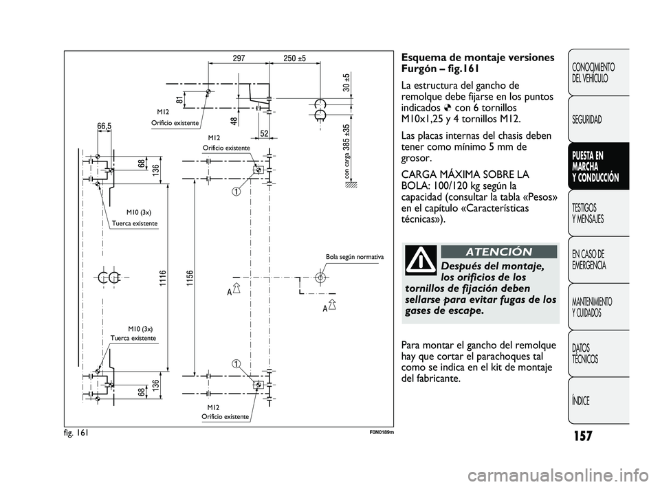 FIAT DUCATO 2010  Manual de Empleo y Cuidado (in Spanish) 157
CONOCIMIENTO
DEL VEHÍCULO
SEGURIDAD
PUESTA EN
MARCHA
Y CONDUCCIÓN
TESTIGOS
Y MENSAJES
EN CASO DE
EMERGENCIA
MANTENIMIENTO
Y CUIDADOS
DATOS
TÉCNICOS
ÍNDICE
Esquema de montaje versiones
Furgón 