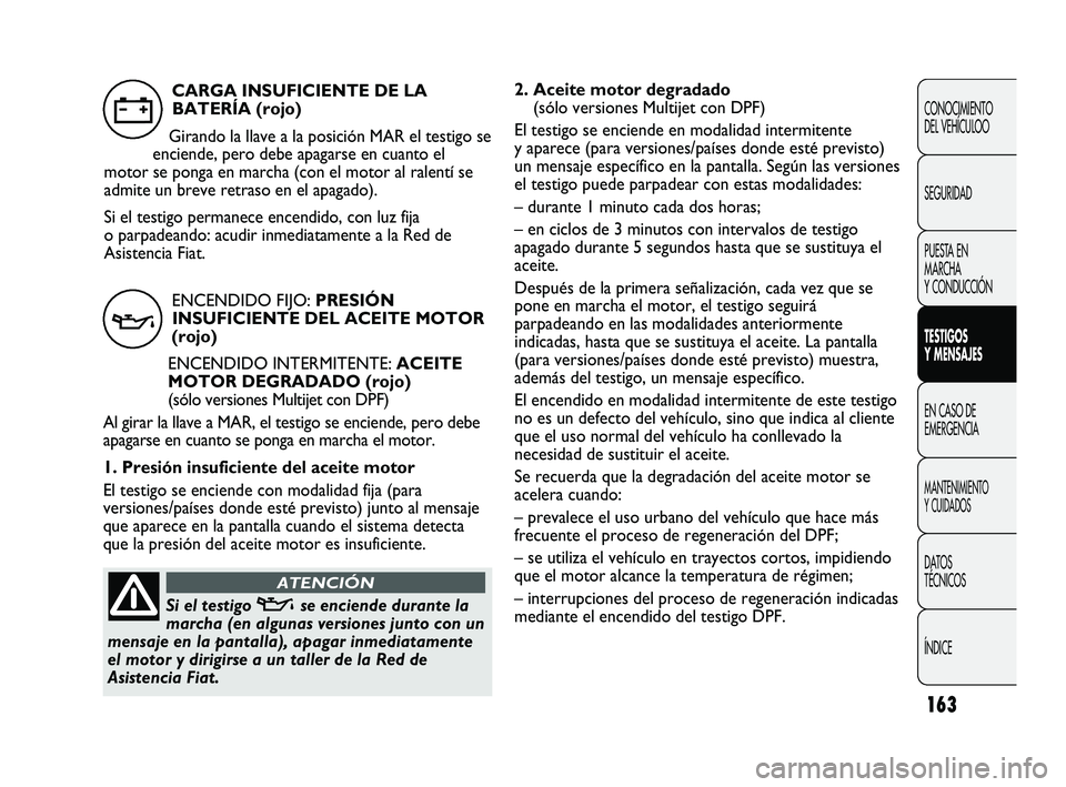 FIAT DUCATO 2010  Manual de Empleo y Cuidado (in Spanish) 163
2. Aceite motor degradado 
(sólo versiones Multijet con DPF)
El testigo se enciende en modalidad intermitente
y aparece (para versiones/países donde esté previsto)
un mensaje específico en la 
