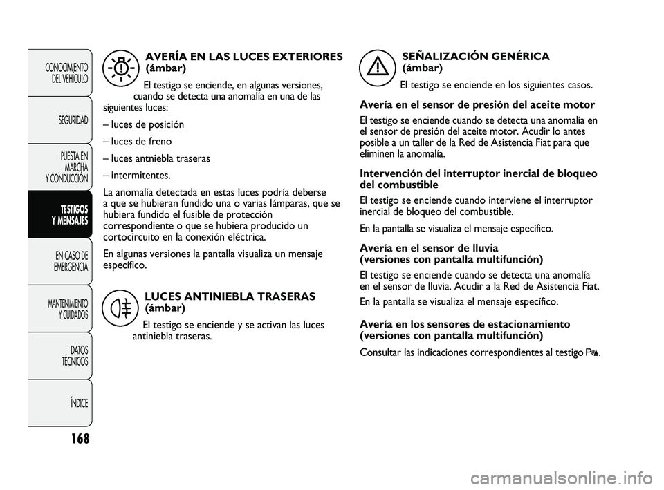 FIAT DUCATO 2010  Manual de Empleo y Cuidado (in Spanish) 168
CONOCIMIENTO
DEL VEHÍCULO
SEGURIDAD
PUESTA EN
MARCHA
Y CONDUCCIÓN
TESTIGOS
Y MENSAJES
EN CASO DE
EMERGENCIA
MANTENIMIENTO
Y CUIDADOS
DATOS
TÉCNICOS
ÍNDICE
AVERÍA EN LAS LUCES EXTERIORES
(ámb