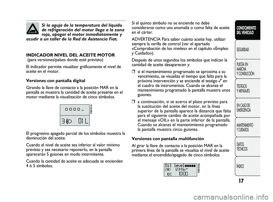 FIAT DUCATO 2010 Manual de Empleo y Cuidado (in Spanish) 17
CONOCIMIENTO
DEL VEHÍCULO
SEGURIDAD
PUESTA EN
MARCHA
Y CONDUCCIÓN
TESTIGOS
Y MENSAJES
EN CASO DE
EMERGENCIA
MANTENIMIENTO
Y CUIDADOS
DATOS
TÉCNICOS
ÍNDICE
Si la aguja de la temperatura del líq FIAT DUCATO 2010 Manual de Empleo y Cuidado (in Spanish) 17
CONOCIMIENTO
DEL VEHÍCULO
SEGURIDAD
PUESTA EN
MARCHA
Y CONDUCCIÓN
TESTIGOS
Y MENSAJES
EN CASO DE
EMERGENCIA
MANTENIMIENTO
Y CUIDADOS
DATOS
TÉCNICOS
ÍNDICE
Si la aguja de la temperatura del líq