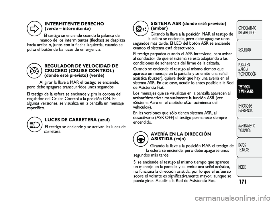FIAT DUCATO 2010  Manual de Empleo y Cuidado (in Spanish) 171
CONOCIMIENTO
DEL VEHÍCULOO
SEGURIDAD
PUESTA EN
MARCHA
Y CONDUCCIÓN
TESTIGOS
Y MENSAJES
EN CASO DE
EMERGENCIA
MANTENIMIENTO
Y CUIDADOS
DATOS
TÉCNICOS
ÍNDICE
REGULADOR DE VELOCIDAD DE
CRUCERO (C