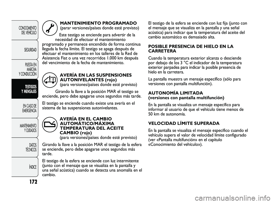 FIAT DUCATO 2010  Manual de Empleo y Cuidado (in Spanish) El testigo de la esfera se enciende con luz fija (junto con
el mensaje que se visualiza en la pantalla y una señal
acústica) para indicar que la temperatura del aceite del
cambio automático es dema