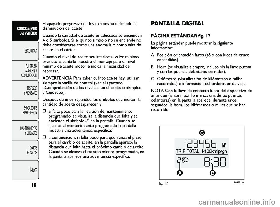FIAT DUCATO 2010 Manual de Empleo y Cuidado (in Spanish) F0N0016mfig. 17
PANTALLA DIGITAL
PÁGINA ESTÁNDAR fig. 17
La página estándar puede mostrar la siguiente
información:
A Posición orientación faros (sólo con luces de cruce
encendidas).
B Hora ( FIAT DUCATO 2010 Manual de Empleo y Cuidado (in Spanish) F0N0016mfig. 17
PANTALLA DIGITAL
PÁGINA ESTÁNDAR fig. 17
La página estándar puede mostrar la siguiente
información:
A Posición orientación faros (sólo con luces de cruce
encendidas).
B Hora (